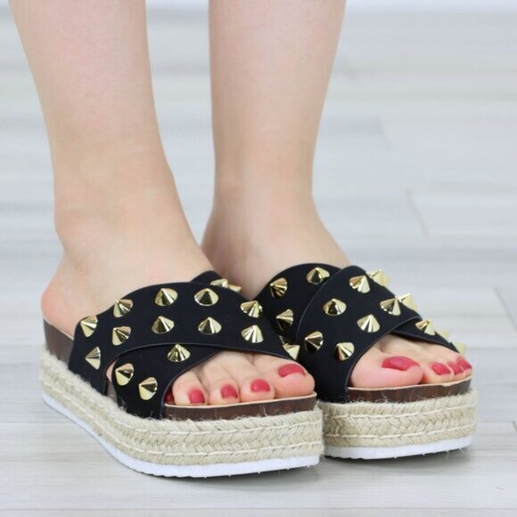 Black Platform Espadrille Sandals Crossover Gold Metal Stud Slip On Sliders - Picture 7 of 15